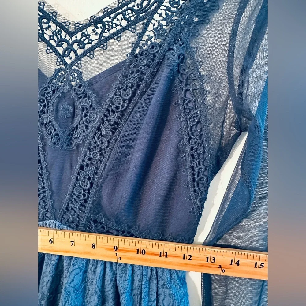 FREE PEOPLE Fairy Feminine Rave Whimsigoth Sz 2 Blue Holiday Sheer Mini Dress - Picture 10 of 16